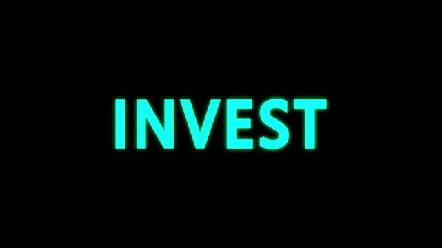 INVEST text flicker animation with glowing letters and alternating light effect. flashing typography style. invest flicker glowing sign text on black background.