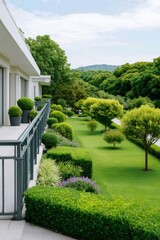 Obraz premium Modern building balcony overlooking lush green manicured garden