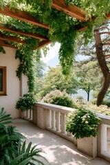 Obraz premium Terrace with pergola overlooking lake and lush garden