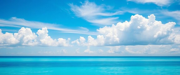 Fototapeta premium Vast, serene azure expanse with soft, drifting white clouds, symbolizing clarity, peace, and endless possibilities, beautiful, horizon