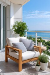 Fototapeta premium Outdoor armchair on a balcony overlooking the ocean