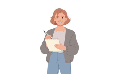 Smiling woman writing in notebook with pencil, standing in casual attire