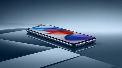 Sleek modern smartphone with vibrant screen display resting on reflective surface