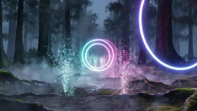 Mystical forest with glowing neon rings and swirling mist