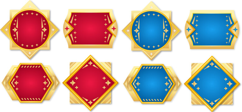 赤と青を基調にしたゴールド装飾の幾何学エンブレムフレームセット｜星モチーフ入りで表彰・記念・認証に使える高級感あるバッジデザイン素材