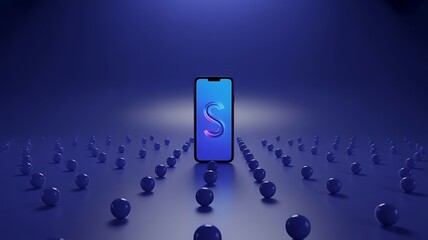 Smartphone displayed with rows of blue spheres in a digital grid pattern