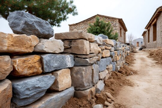 Stone wall construction along a dirt path in a rural village