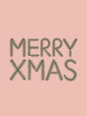 Merry Christmas greeting card with green dotted text on pink background illustration