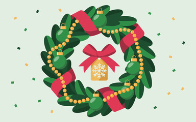 Festive Christmas wreath with red ribbon and golden ornament, surrounded by colorful dots, viewed from directly above