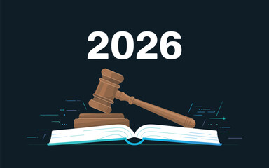 A wooden gavel rests on an open book with the year 2026 displayed prominently above it.
