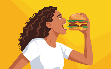 A young woman enthusiastically taking a big bite of a layered burger in a vibrant setting