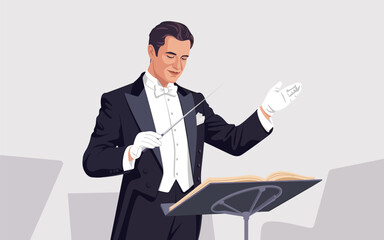 Conductor Leading an Orchestra with Precision and Passion in a Formal Concert Hall Setting from a Front Viewpoint