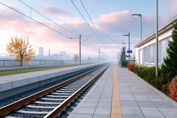 Fototapeta premium Empty train station platform with tracks during misty morning
