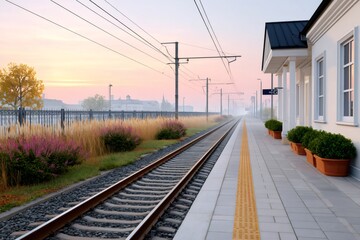Fototapeta premium Train station platform and railway track at dawn