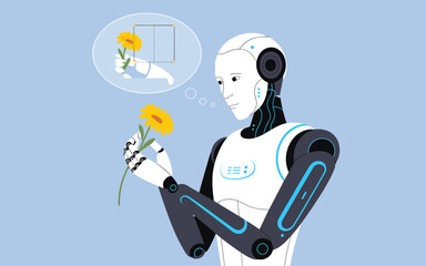 Robot holding a yellow flower, contemplating its meaning in a thoughtful pose, illustration of artificial intelligence and nature