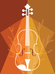 Illustration of a violin surrounded by foliage viewed from the front in a warm orange-toned environment