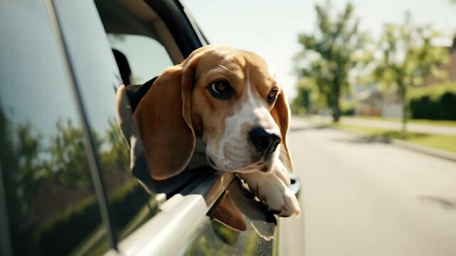 Beagle dog looking out dog car window during sunny road trip adventure. Happy domestic pet enjoying wind blowing through fur, ears flapping. Cute dog car window moment for travel blogs or pet care.