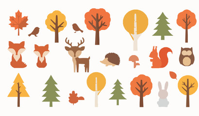 Modern autumn forest trees and woodland animals flat vector elements collection © RUBINA
