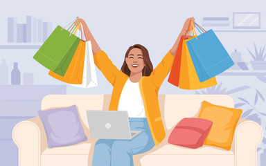 Woman sitting on couch with laptop and shopping bags in a cozy living room interior