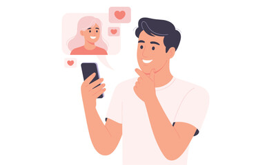 Man using phone to view social media profile with likes and hearts on a digital display