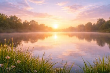 Obraz premium Peaceful sunrise over a calm lake with soft pastel sky reflected in the water.