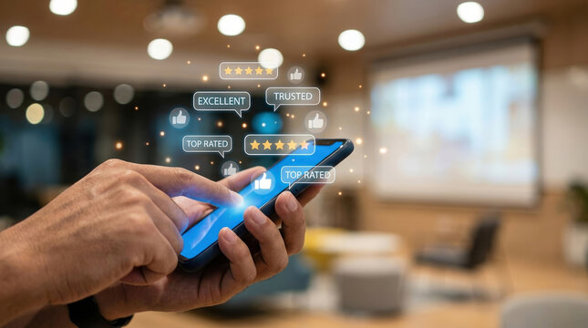customer feedback online reviews reputation management customer satisfaction five stars rating system mobile app showing high user experience and positive brand trust.