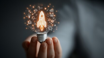 Creative Innovation and Technology Success Concept with Hand Holding Light Bulb and Rocket Icons on Virtual Screen
