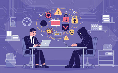 Cybercrime Scene Investigation with Hacker and Officer Analyzing Digital Threats at Desk in Modern Office Environment from Straight-On Viewpoint