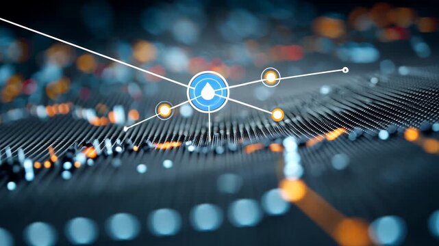 A blue dot connected by a line to a vast network of tiny dots on a digital surface