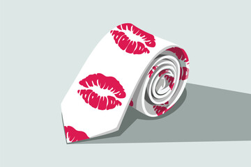 A white necktie with red lips pattern rolled up on a surface viewed from above