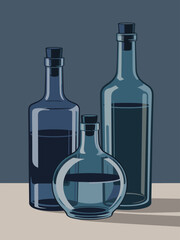 Three blue bottles of different shapes on a table against a dark background viewed from the front