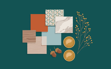 A collection of decorative items including gold coins, almonds, and patterned tiles arranged on a dark green background from a top-down viewpoint.