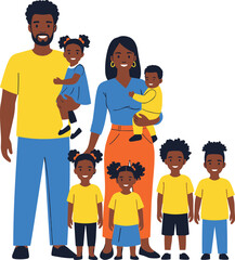 Happy African American Family Portrait with Parents and Children Standing Together Showing Love, Unity, and Togetherness Flat Vector Illustration