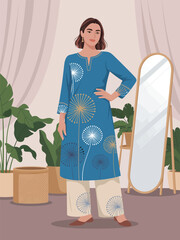 A woman standing confidently in a serene indoor setting with plants and a mirror