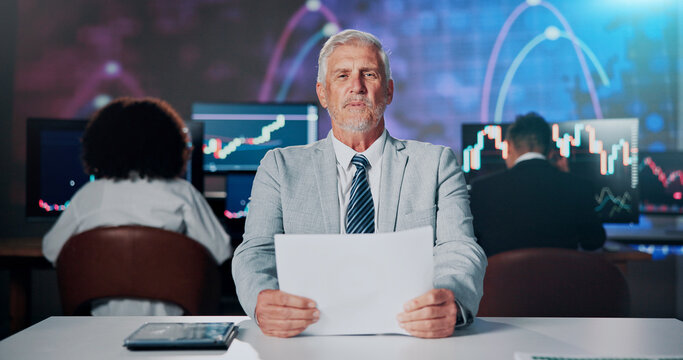Portrait, paperwork and anchorman with financial news for stock market update and currency trading. Presentation, mature man and business tv reporter for advice on foreign exchange or economy growth