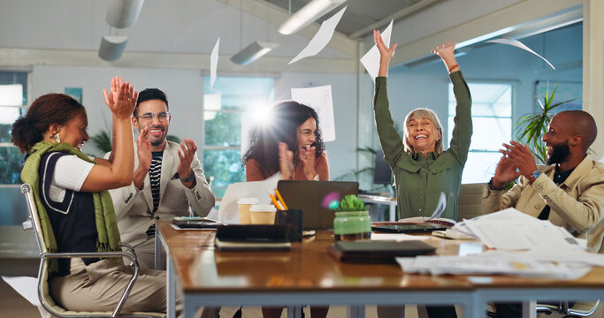 Happy, business people and winning with applause for project completion, done or finished in office. Excited, group or team clapping with flare or documents in air for success or productive workplace