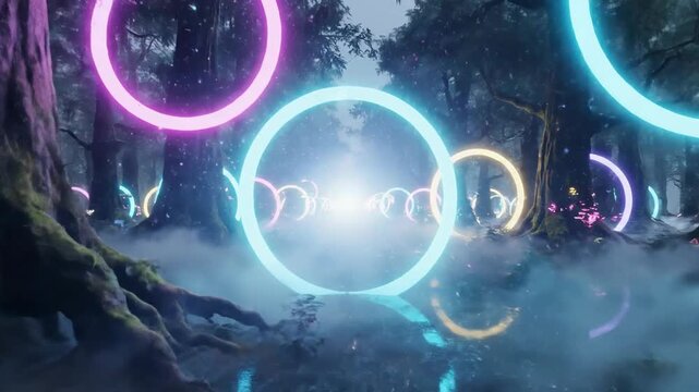 Mystical Forest with Neon Rings and Fog