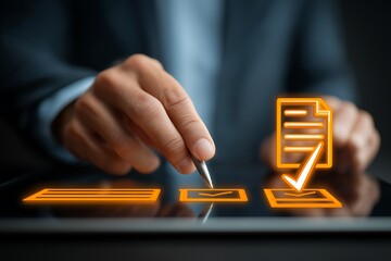 Digital Business Project Management Concept with Businessman Using Laptop and Virtual Document Approval Interface
