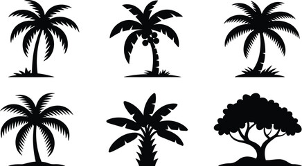 Exotic tropical tree silhouette icon collection with palm coconut banana trees minimalist nature symbols isolated modern vector illustration set © ALEX BIN