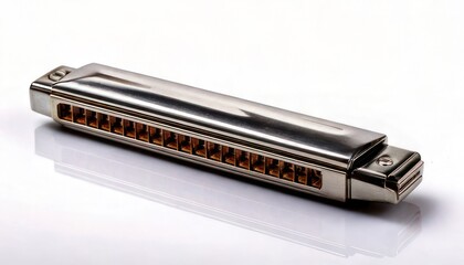 Close-up of a shiny silver harmonica on white background.