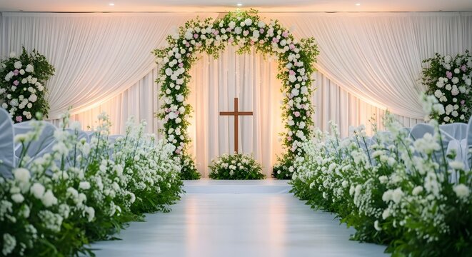 Easter wedding decor inspiration with floral arch and cross