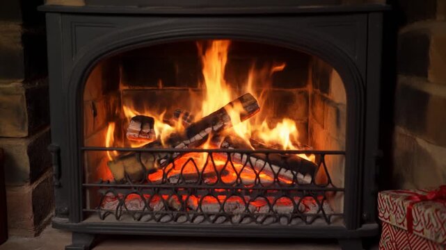 Warm fireplace with burning logs and decorative metal grate
