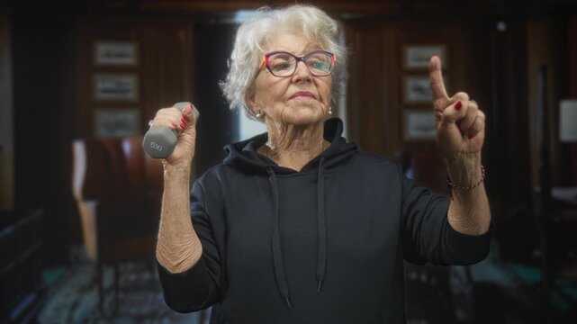 Elderly woman holding 1 kg dumbbell and points index finger in studio; confidence vitality health determination.