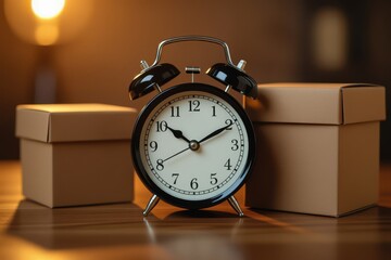 Naklejka premium drop shipping store box clock logistic concept. Vintage alarm clock between two brown boxes on a wooden surface.