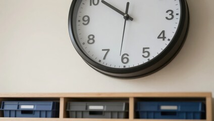 drop shipping store box clock logistic concept. Wall clock above storage boxes in a minimalist setting.