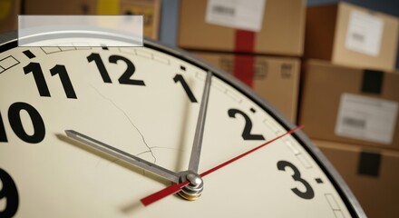 drop shipping store box clock logistic concept. Clock close-up with boxes in the background, depicting time management.