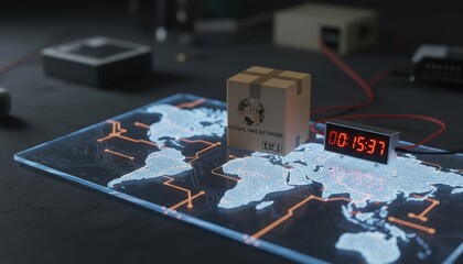 drop shipping store box clock logistic concept. Digital world map with timer and wooden box on a tech workspace.
