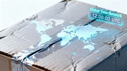 drop shipping store box clock logistic concept. Delivery box with a digital map overlay and time display.