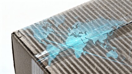 drop shipping store box clock logistic concept. Cardboard box with a world map design and digital connections overlay.