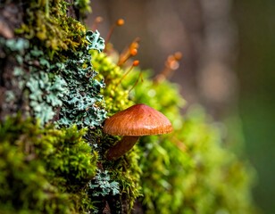 A small mushroom, nestled among vibrant green moss, grows on a tree